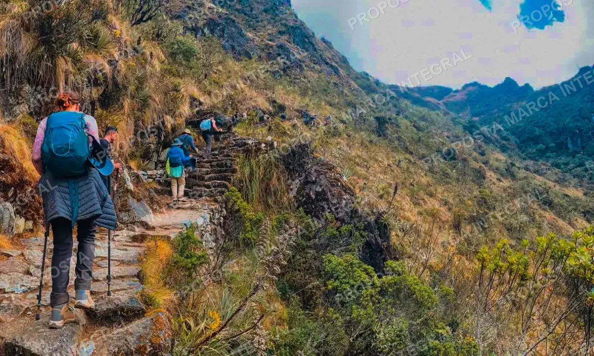Caminhantes subindo escadarias de pedra na Trilha Inca